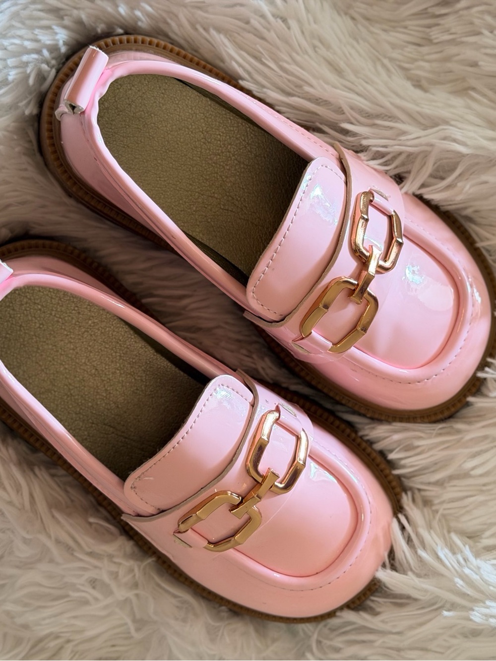 Kids Pink Patent Loafers with Gold Chain Accent